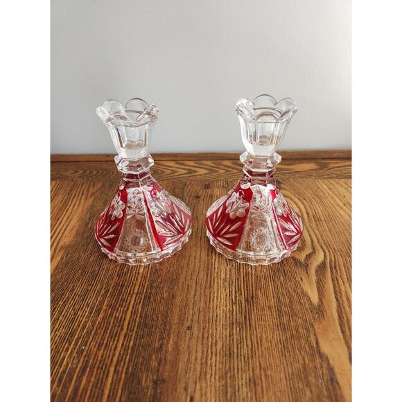 VTG Crystal Taper Candleholders - Ruby Red Cut Glass - Set of 2 - Picture 1 of 2